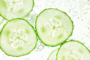 Close up of cucumber slices. Good nutrition can help with skin ageing.